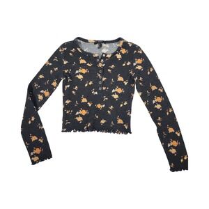 Forever 21 Womens Floral Waffle Knit Henley Cropped Top Charcoal Yellow Small‎